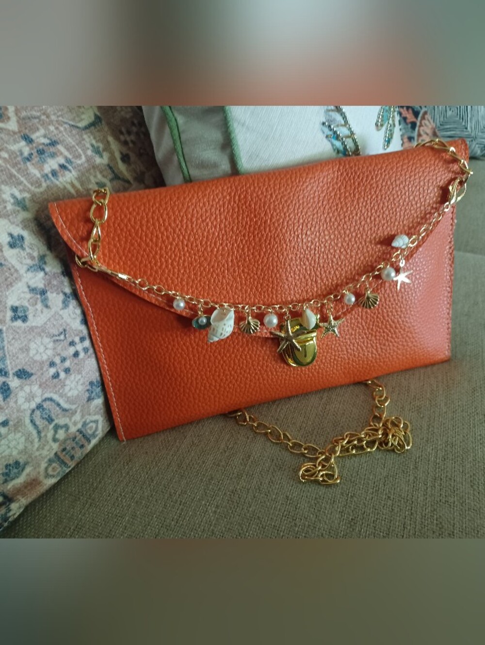 Orange H Envelope Clutch with Gold Chain And Nautical Charms - Picture 1 of 11